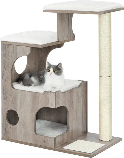 Tiragraffi FEANDREA 86 cm, tiragraffi di medie dimensioni con 3 posti e grotta, tiragraffi in MDF con impiallacciatura in legno, tronco in sisal, cuscini in peluche lavabili