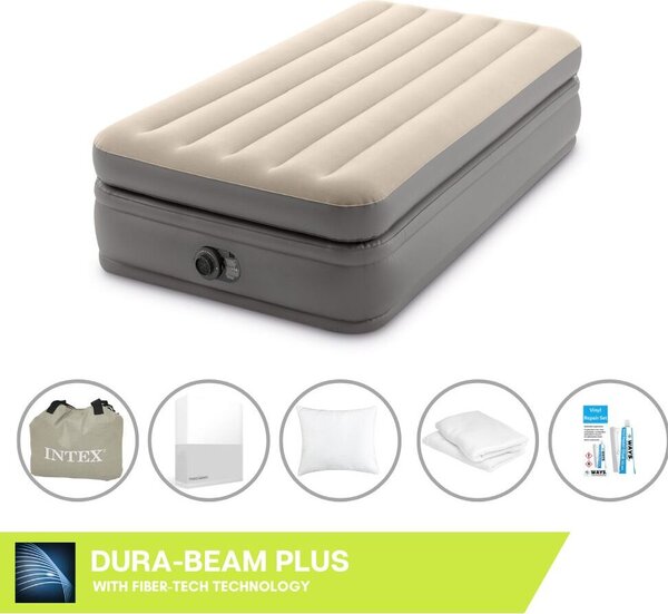 Letto ad aria Intex - 1 persona - 99 x 191 x 51 cm - Grigio - Con pompa incorporata + lenzuola bianche + cuscino + federe Molton 2 in 1 + set di riparazione