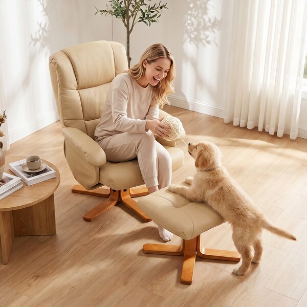 HOMCOM Poltrona relax con poggiapiedi, girevole a 360° con schienale reclinabile e carico 120 kg, beige | Aosom Italy