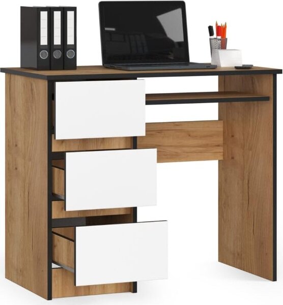 BDW, scrivania per computer con 3 cassetti, cassetto per tastiera, 90x77x50 cm, rovere artigianale/bianco (sinistra)