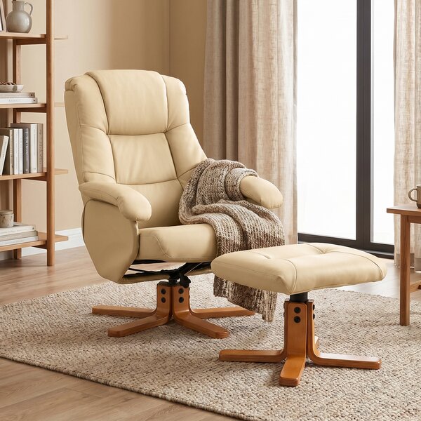 HOMCOM Poltrona relax con poggiapiedi, girevole a 360° con schienale reclinabile e carico 120 kg, beige | Aosom Italy