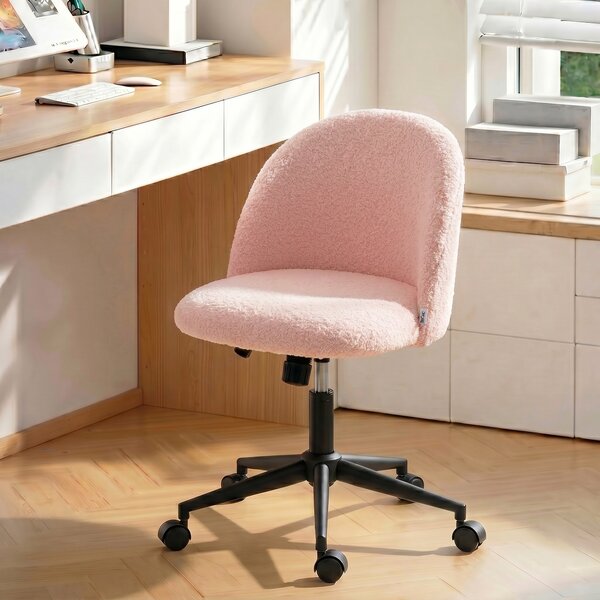 HOMCOM Sedia da ufficio girevole in teddy, regolabile in altezza e con ruote, rosa | Aosom Italy