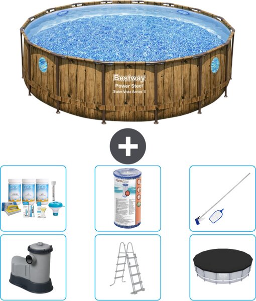 Piscina Bestway Round Power Steel Swim Vista - stampa su legno - 488 x 122 - inclusa pompa - scala - copertura pacchetto manutenzione - filtro - kit pulizia