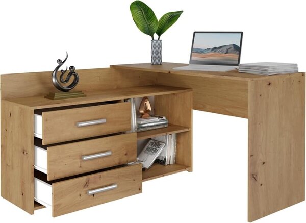 Scrivania angolare BDW, 3 cassetti 2 ripiani, rovere Artisan, 120x7x50 cm