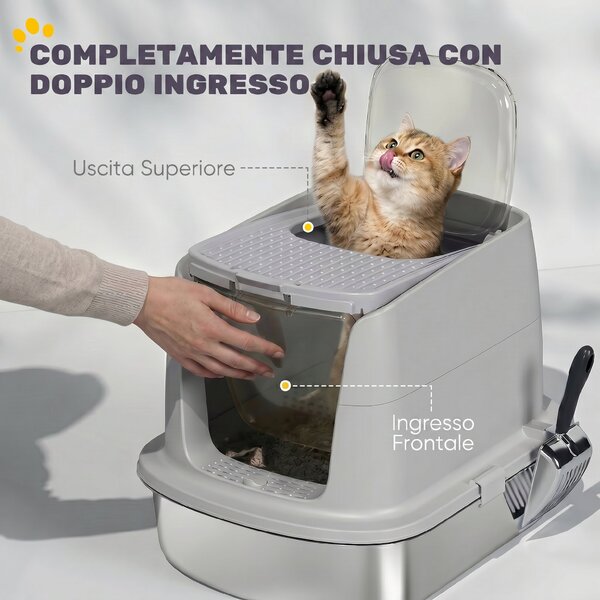 PawHut Lettiera per Gatti Chiusa in Acciaio, Coperchio Ribaltabile, Doppia Porta, Paletta, Grigio Chiaro | Aosom Italy