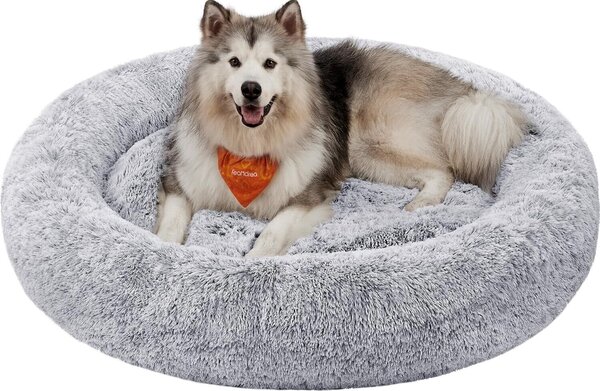 Lettino per cani Feandrea, cestino per gatti, cuscino a ciambella, lavabile, imbottitura centrale rimovibile, peluche lungo, diametro 140 cm, grigio ombra