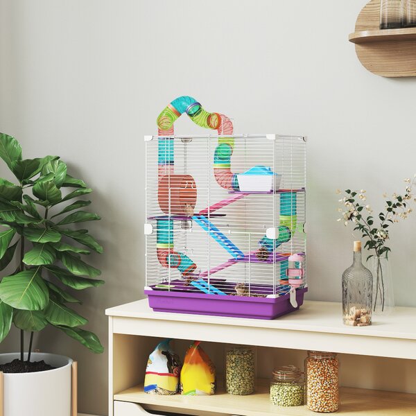 PawHut Gabbia per Criceti a 5 Livelli con Tubi, Ruota, Scale, Casetta e Bottiglia, 46x30x58 cm, Viola | Aosom Italy