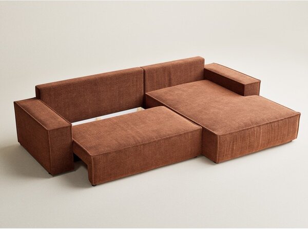 Divano angolare color rame allungabile/con contenitore (con penisola a destra/con chaise lounge) con rivestimento in ciniglia Maze – Maison de Rêve