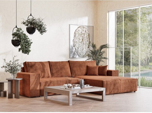 Divano angolare color rame allungabile/con contenitore (con penisola a destra/con chaise lounge) con rivestimento in ciniglia Maze – Maison de Rêve