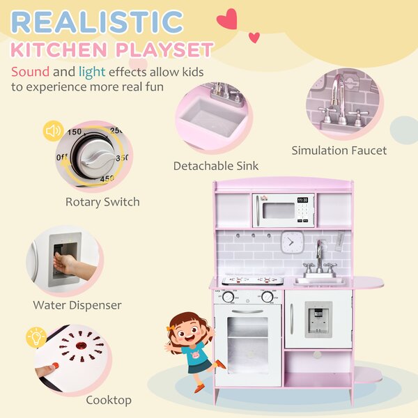 HOMCOM Cucina Giocattolo per Bambini con Fornelli, Luci e Suoni, Microonde, Età 3-6 Anni, Rosa | Aosom Italy