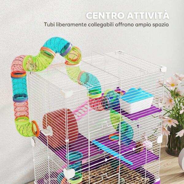 PawHut Gabbia per Criceti a 5 Livelli con Tubi, Ruota, Scale, Casetta e Bottiglia, 46x30x58 cm, Viola | Aosom Italy