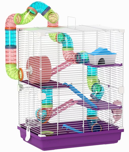 PawHut Gabbia per Criceti a 5 Livelli con Tubi, Ruota, Scale, Casetta e Bottiglia, 46x30x58 cm, Viola | Aosom Italy