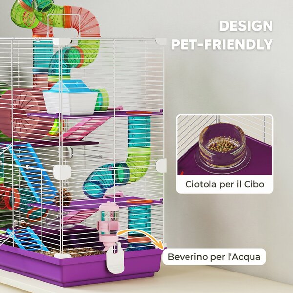 PawHut Gabbia per Criceti a 5 Livelli con Tubi, Ruota, Scale, Casetta e Bottiglia, 46x30x58 cm, Viola | Aosom Italy