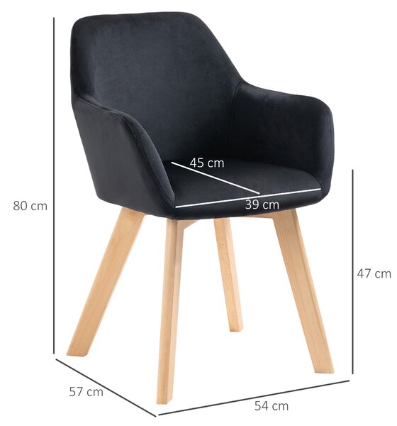 HOMCOM Set 2 Sedie da pranzo moderne effetto velluto e legno di caucciù, 54x57x80 cm, Nero | Aosom Italy