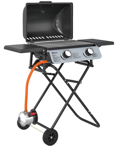 Outsunny Barbecue a gas 5,6 kW richiudibile con ruote, 2 bruciatori e ripiani, 101x50x102 cm, Nero | Aosom Italy