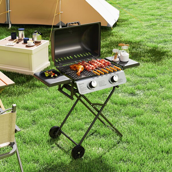 Outsunny Barbecue a gas 5,6 kW richiudibile con ruote, 2 bruciatori e ripiani, 101x50x102 cm, Nero | Aosom Italy