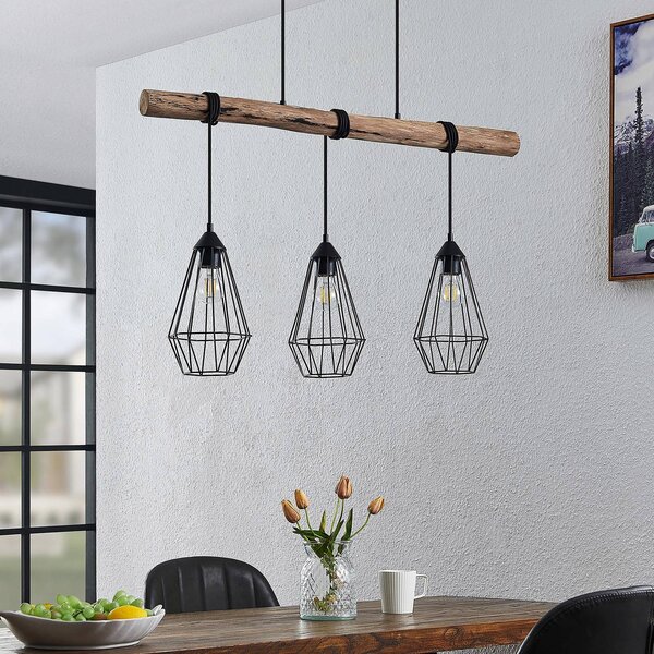 Lampada a sospensione Eldarion Lindby, dimmerabile, Legno chiaro, Soggiorno / Sala da pranzo, Metallo, Campagna / Rustiche, Lampada a sospensione