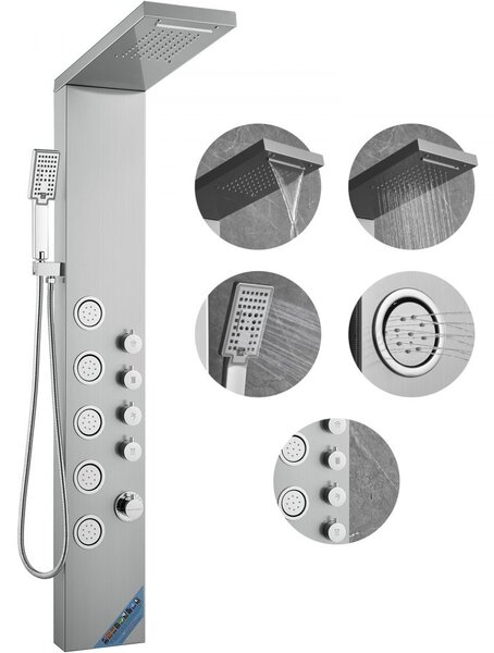 Colonna doccia - Sistema doccia con 4 modalità, pioggia, cascata, 5 getti massaggianti per tutto il corpo e doccetta - 3 impostazioni - Tubo flessibile da 1,5 m - Set doccia a parete in acciaio inox
