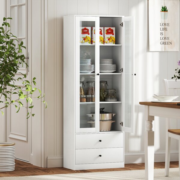 HOMCOM Mobile contenitore moderno con ante vetrate, ripiani regolabili e 2 cassetti, 59x30x164 cm, bianco | Aosom Italy
