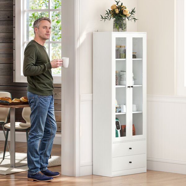 HOMCOM Mobile contenitore moderno con ante vetrate, ripiani regolabili e 2 cassetti, 59x30x164 cm, bianco | Aosom Italy