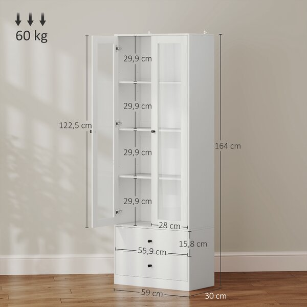 HOMCOM Mobile contenitore moderno con ante vetrate, ripiani regolabili e 2 cassetti, 59x30x164 cm, bianco | Aosom Italy