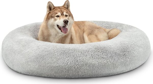 Lionto Donut dog bed, divano rotondo per cani con rivestimento in peluche e borchie antiscivolo, morbido e accogliente, diametro 120 cm, grigio chiaro