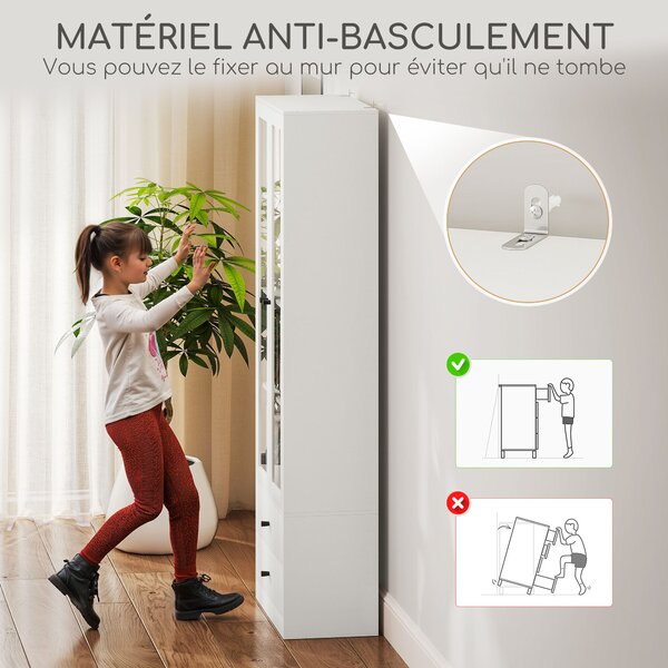 HOMCOM Mobile contenitore moderno con ante vetrate, ripiani regolabili e 2 cassetti, 59x30x164 cm, bianco | Aosom Italy