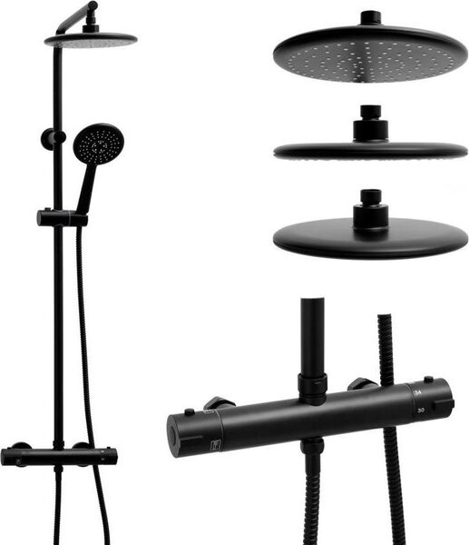 Set doccia - Doccia a pioggia 20 cm - con rubinetto termostatico - Nero