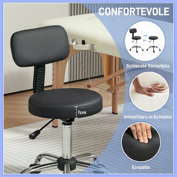HOMCOM Sgabello Regolabile Girevole con Schienale e Seduta Imbottiti, 46x51x78-93 cm, Nero | Aosom Italy