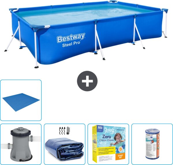 Piscina Bestway Pro rettangolare in acciaio - 300 x 201 x 66 cm - Blu - inclusa pompa - tenda - pacchetto manutenzione - filtro - telo di fondo