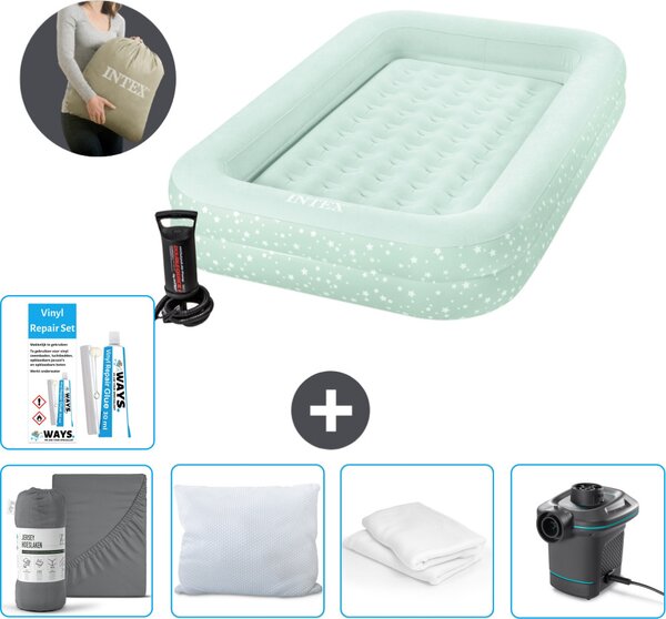 Materasso gonfiabile Intex Kidz - 1 persona - 107 x 168 x 25 cm - Verde menta - Comprensivo di pompa - lenzuolo di montaggio - bacio - pompa - set di riparazione e protezione per cuscino