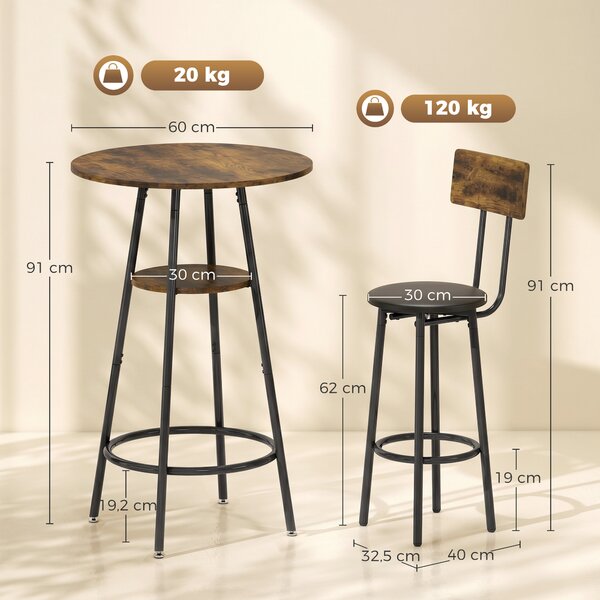 HOMCOM Set tavolo da bar stile industriale con 2 sgabelli alti imbottiti, marrone rustico | Aosom Italy