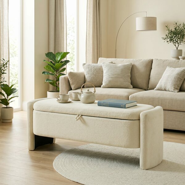HOMCOM Panca Contenitore Imbottita in Tessuto Bouclé con Gambe in Legno, 118x42x45 cm, Crema | Aosom Italy
