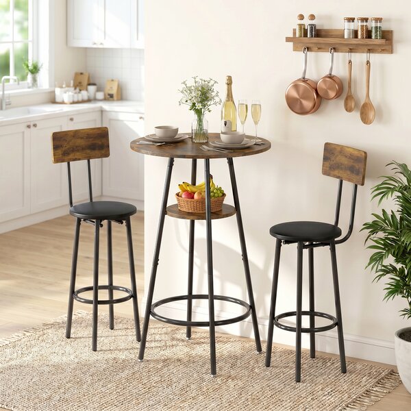 HOMCOM Set tavolo da bar stile industriale con 2 sgabelli alti imbottiti, marrone rustico | Aosom Italy