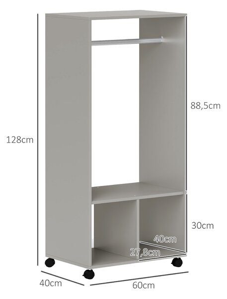 HOMCOM Guardaroba con mensola, 2 scomparti appendiabiti e 4 ruote girevoli, 60x40x128 cm, grigio | Aosom Italy