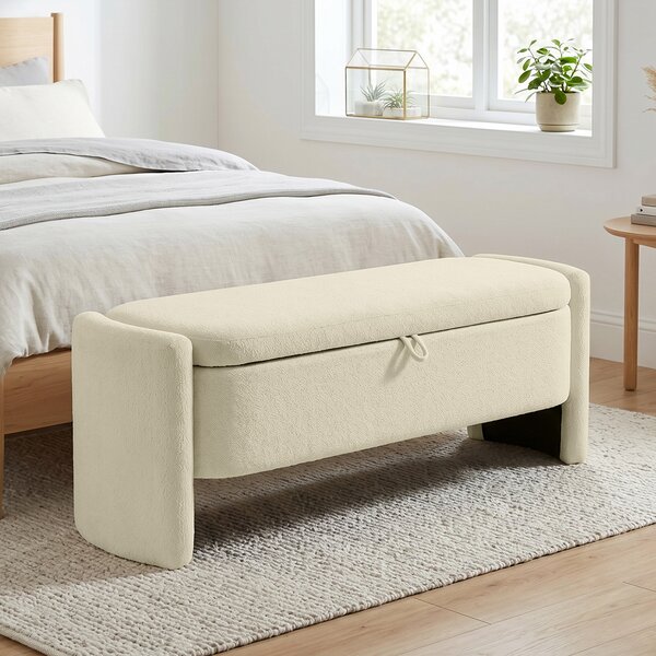 HOMCOM Panca Contenitore Imbottita in Tessuto Bouclé con Gambe in Legno, 118x42x45 cm, Crema | Aosom Italy
