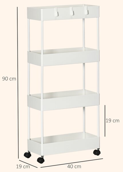 HOMCOM Carrello Cucina a 4 Ripiani con Ganci, in Acciaio e Plastica con Ruote Girevoli, 40x19x90 cm, Bianco | Aosom Italy