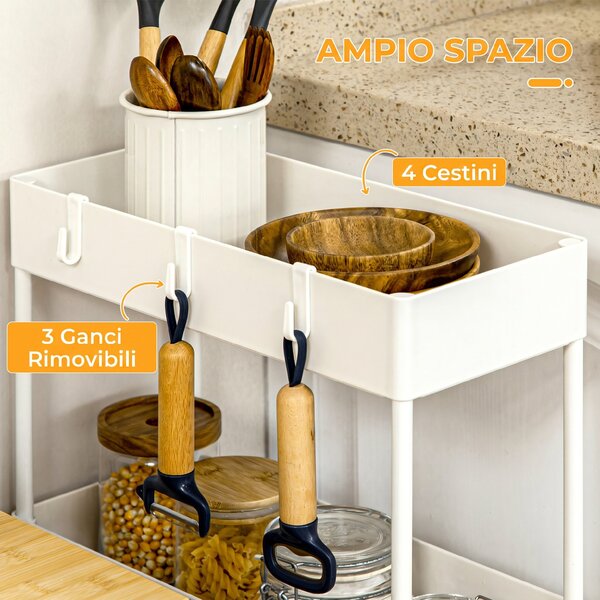 HOMCOM Carrello Cucina a 4 Ripiani con Ganci, in Acciaio e Plastica con Ruote Girevoli, 40x19x90 cm, Bianco | Aosom Italy