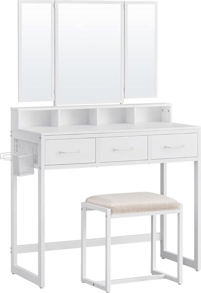 VASAGLE, tavolino da toilette con sgabello imbottito, tavolino da toilette con triplo specchio, 3 cassetti, porta asciugacapelli, tavolino per cosmetici, design moderno