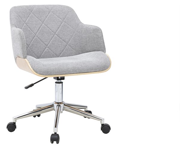 Sedia da ufficio con ruote di design in tessuto effetto velluto testurizzato grigio, legno chiaro e acciaio cromato SANDRO