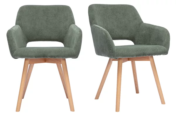 Sedie in tessuto velluto a coste verde kaki e legno chiaro (lotto di 2) LAURETTE