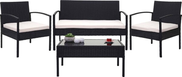 Set da esterno in polyrattan MCW-F56, set da balcone/giardino/lounge ~ nero, cuscini color crema