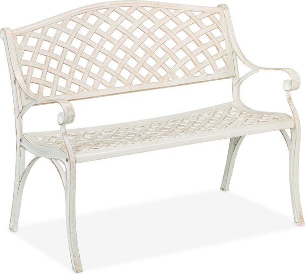 Panchina da giardino Relaxdays, a 2 posti, per terrazza o balcone, in fusione di alluminio, A x L x P: 83 x 103 x 64 cm, panchina in stile antico, bianco/oro