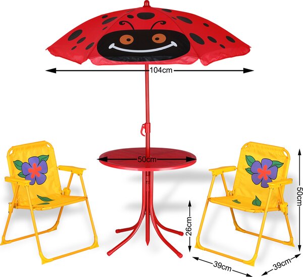 Deuba Set Mobili da Giardino per Bambini Tavolino 2 Seggioline Pieghevoli e Ombrellone Angoli arrotondati Fino 35kg Anti UV
