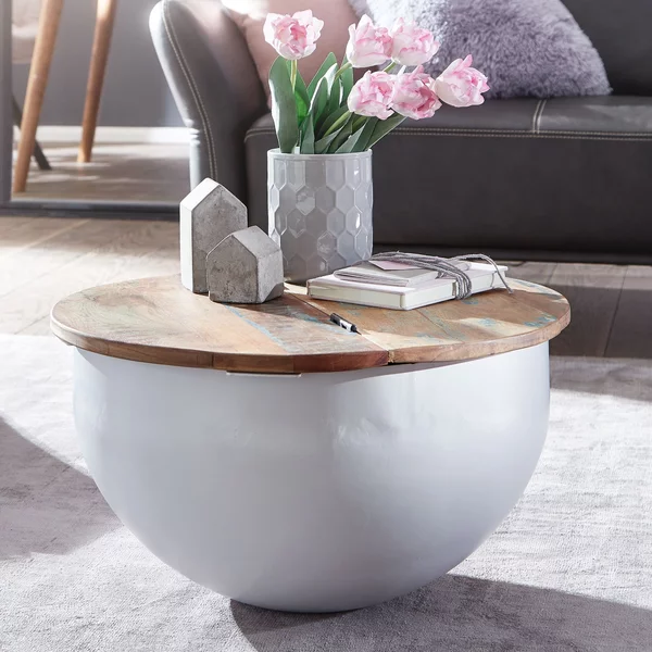 FineBuy Tavolino da salotto in legno di mango bianco 60x34x60 cm, legno massello e metallo, design industriale rotondo, tavolino da salotto con vano portaoggetti, tavolino da salotto moderno