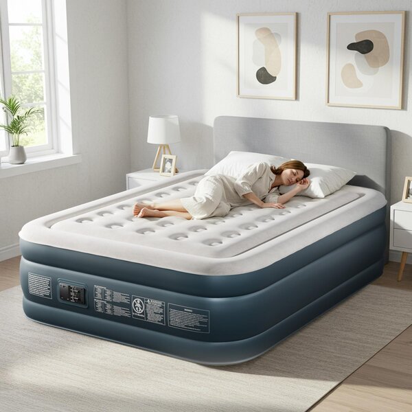 FCH Materasso gonfiabile 2 persone, materasso ad aria con pompa incorporata con morbido fliqué, per campeggio, casa, ospiti, 203 x 153 x 45 cm, bianco e grigio