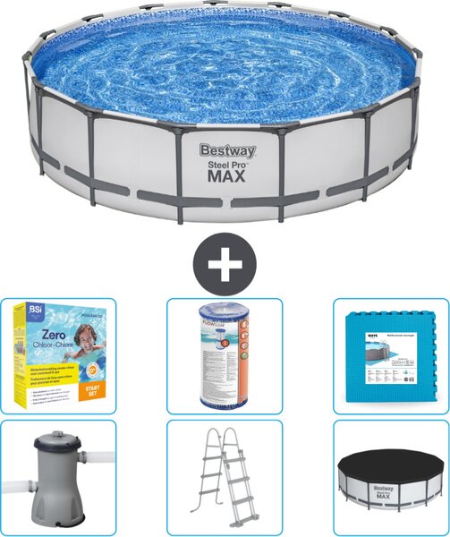 Piscina Bestway Round Steel Pro MAX - 457 x 107 cm - grigio - inclusa pompa - scala - pacchetto manutenzione copertura - filtro - piastrelle per il pavimento