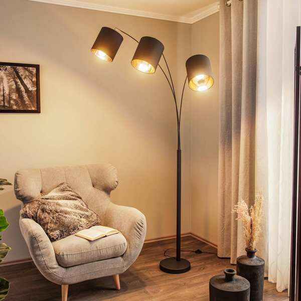 Lampada da terra Lindby Nanika, nero/oro, 202 cm, E27, a 3 luci. Nanika, Nero, Soggiorno / Sala da pranzo, Metallo, Moderno, Lampada da terra