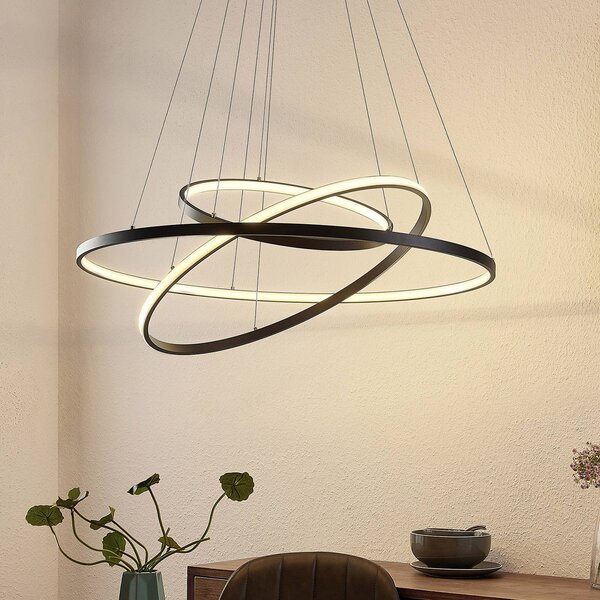Lucande lampada LED a sospensione Ezana, nera, metallo, Ø 80 cm Ezana Lucande, dimmerabile, Nero, Soggiorno / Sala da pranzo, Metallo, Moderno