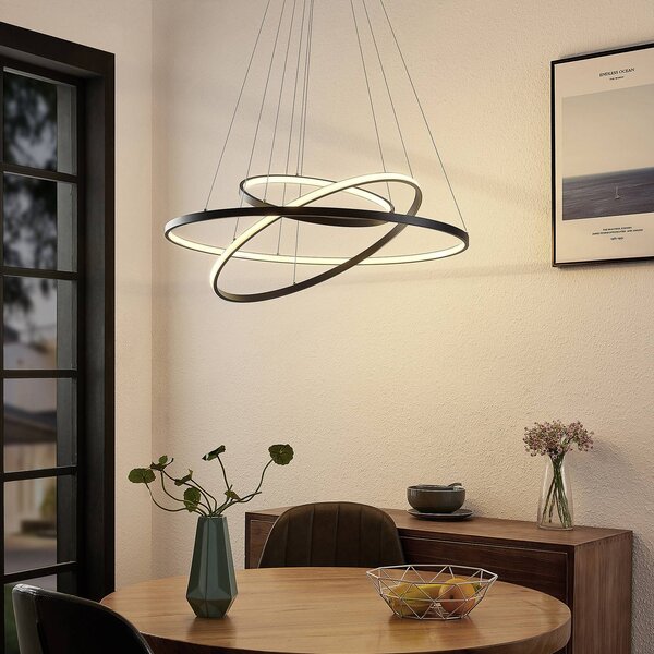 Lucande lampada LED a sospensione Ezana, nera, metallo, Ø 80 cm Ezana Lucande, dimmerabile, Nero, Soggiorno / Sala da pranzo, Metallo, Moderno